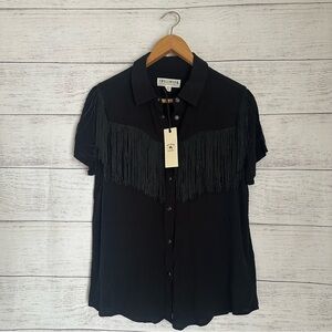 NWT IDYLLWIND Fringe Western Wear Black Short Sleeve Top.
